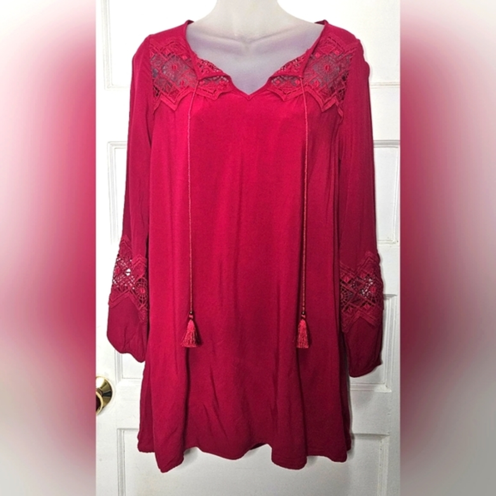 Express Raspberry Red Embroidered Chest W/Tassel Drawstring Shift Dress Sz XS - Picture 2 of 10
